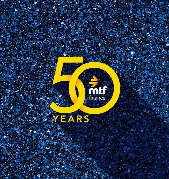 MTF Finance 50 year logo on glitter background
