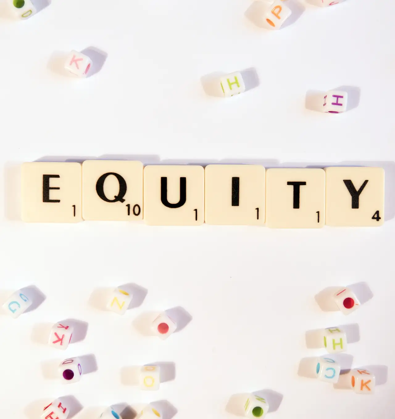 The word "equity" spelt out on Scrabble tiles